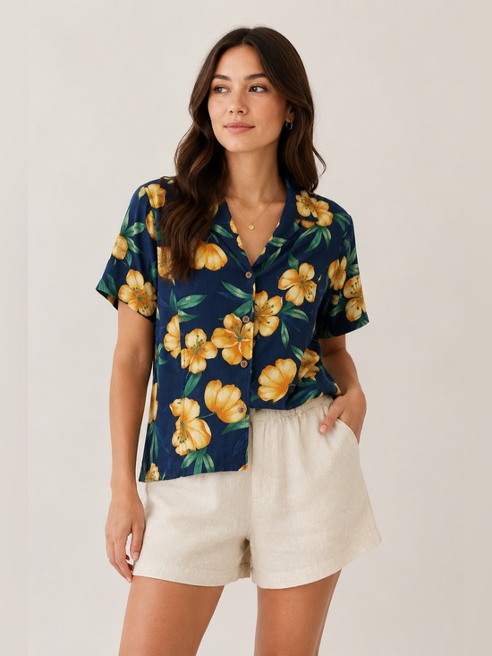 Vintage Tops - Vintage La Cabana Navy Hibiscus Hawaiian Rayon Camp Shirt Large